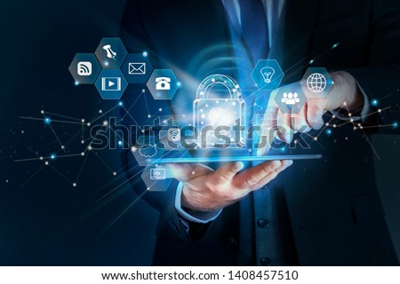 Business man protecting data personal information on tablet, Data protection privacy concept, SSL Certificate, Cyber security network,Padlock icon and internet technology networking connection