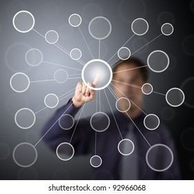 business man push centric link circle touch screen button - Powered by Shutterstock