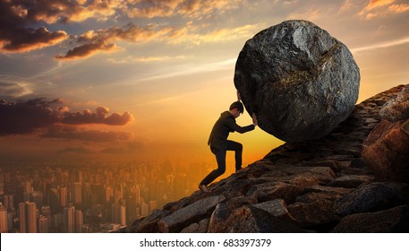 Business man pushing large stone up to hill , Business heavy tasks and problems concept. - Shutterstock ID 683397379