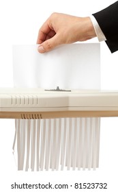 Business Man Puts Single Piece Of Paper In Shredder; Empty Paper With Copyspace