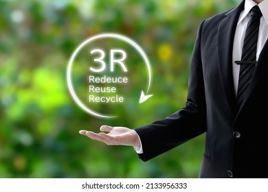 Business man raising 3R word and paper airplane pictogram flying around