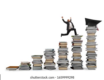 Business man reaches the graduation hat jumping on piles of books. Concept of success and determination on study - Shutterstock ID 1659999298