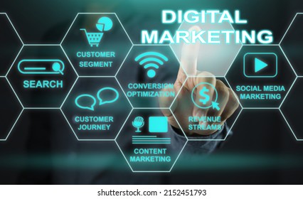 Business Man Reaching For Digital Marketing Icon Contains Various Factors That Support Marketing In The Era Of Communication Technology Without Boundaries.