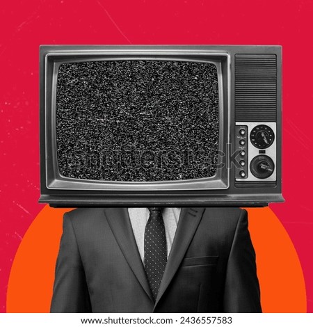 Business man with retro TV set instead of head on red background. Surrealism, modern art, collage