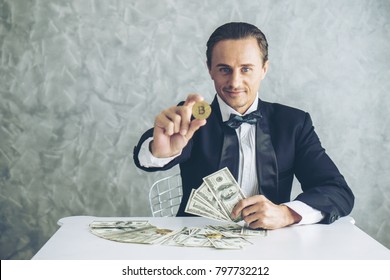 Business Man Rich Trader Holding Bitcoin Golden Coin For Business Bitcoin Trader Exchange , Business Trader Concept