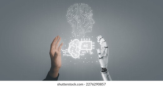 Business man and robot hand touch digital screen of AI icon artificial intelligence concept, big data, science, innovation technology, cloud computing, futuristic, internet network communication - Shutterstock ID 2276290857
