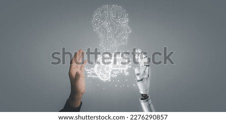 Business man and robot hand touch digital screen of AI icon artificial intelligence concept, big data, science, innovation technology, cloud computing, futuristic, internet network communication