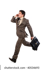 Business Man Running With A Briefcase And Speaking By Phone, Isolated Over White Background