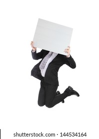 business man running jumping and holding whiteboard (billboard) isolated on white background in full length, asian male