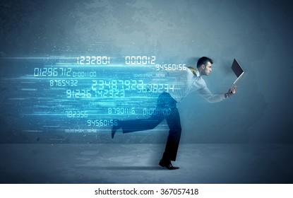 Business Man Running With Media Device And High Tech Wireless Data Concept On Background