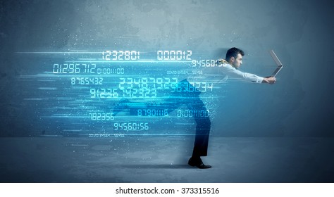 Business man running with media device and high tech wireless data concept on background
