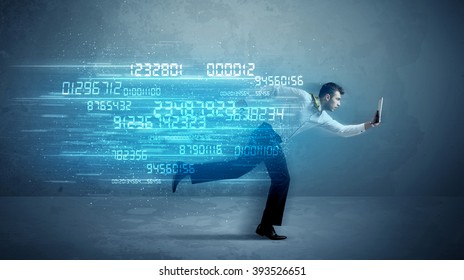 Business Man Running With Media Device And High Tech Wireless Data Concept On Background