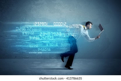 Business Man Running With Media Device And High Tech Wireless Data Concept On Background