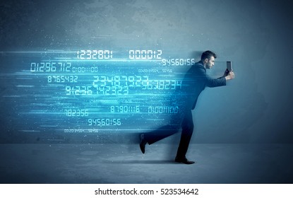 Business Man Running With Media Device And High Tech Wireless Data Concept On Background