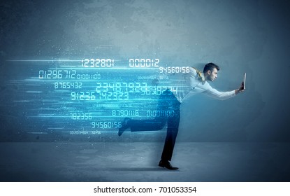 Business Man Running With Media Device And High Tech Wireless Data Concept On Background