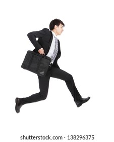 Business Man Running On Isolated White Background, Full Length, Asian Model