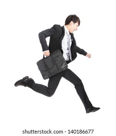 Business Man Running On Isolated White Background, Full Length, Asian Model