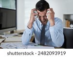 Business, man and screaming with rage in office, crumple paperwork for report mistake on document. Anger management, metal health and burnout with accountant, audit employee and corporate workplace