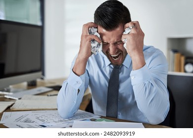 Business, man and screaming with rage in office, crumple paperwork for report mistake on document. Anger management, metal health and burnout with accountant, audit employee and corporate workplace - Powered by Shutterstock