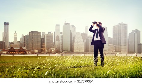 Business Man Searching Binoculars Outdoors Concept