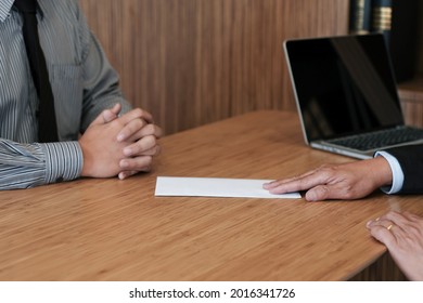 Business Man Sending Resignation Letter To Boss And Holding Stuff Resign Depress Or Carrying Cardboard Box By Desk In Office