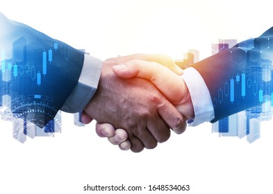 business man shaking hand with global network link connection, graph chart stock market graphic diagram and city background, digital technology, internet communication, teamwork, partnership concept