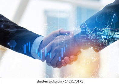 Business Man Shaking Hand With Graph Chart Of Stock Market Investment Trading For Forex Trading Graphic Diagram On Cityscape Background, Digital Technology, Internet Communication, Partnership Concept