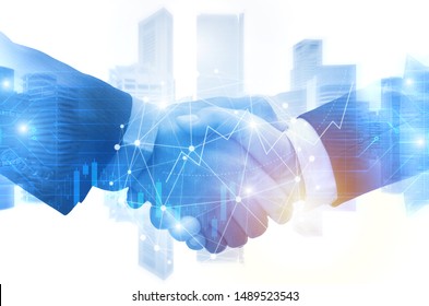 business man shaking hand with graph chart of stock market investment trading for Forex trading graphic diagram on cityscape background, digital technology, internet communication, partnership concept