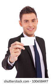 Business Man Show Card And Smile On White Background