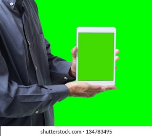 Business Man Show Tablet With Green Screen On Hand, Isolated On Green Background