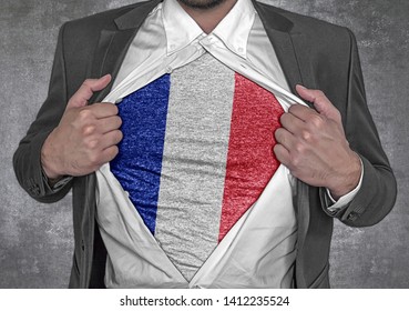 Business Man Show T-shirt Flag Of France Rips Open His Shirt 