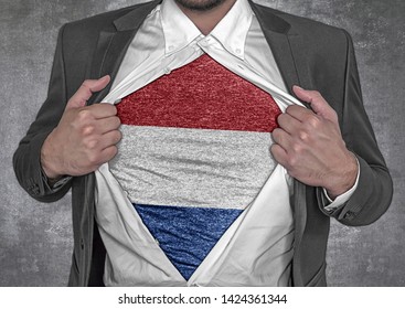 Business Man Show T-shirt Flag Of Netherlands Rips Open His Shirt 