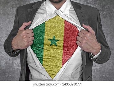 Business Man Show T-shirt Flag Of Senegal Rips Open His Shirt 