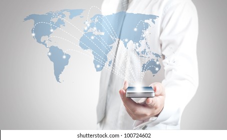 Business man showing smart phone with world map for social and internet connectivity concept