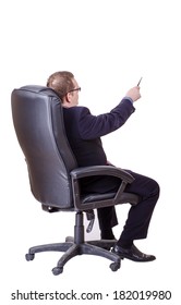 Business Man Sits On Office Chair Over White Background