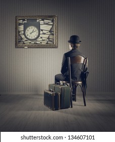 Business Man Sitting On Old Chair,  Checking Time For His Travel