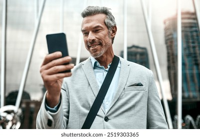 Business, man and smile with phone in city of morning commute, communication and transport service. Professional, male lawyer and mobile app with taxi request, meeting schedule and travel location - Powered by Shutterstock