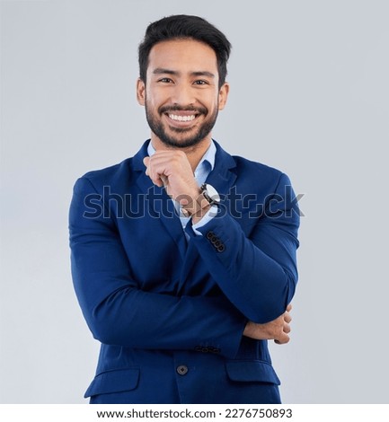 Business man, smile and style portrait in studio for corporate or CEO fashion while happy. Face of asian entrepreneur person on isolated white background with pride for luxury, success and wealth