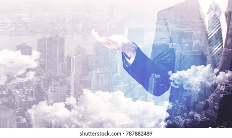 Business Man Standing At City Overlay View Background 