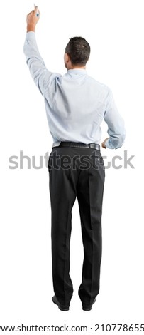 Business man standing drawing on virtual screen
