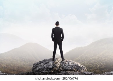Business man standing on the top of the mountain looking at the valley. Business success concept