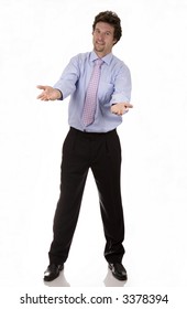 Business Man Standing On White Isolated Backgound Hand Forward