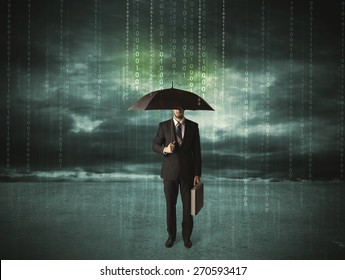 Business man standing with umbrella data protection concept on background 