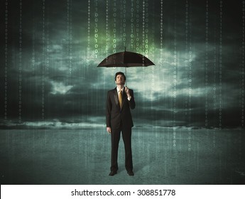 Business Man Standing With Umbrella Data Protection Concept On Background 