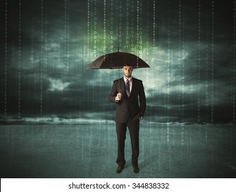 Business man standing with umbrella data protection concept on background
