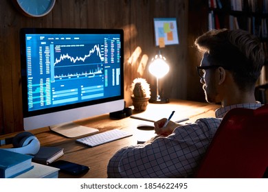 Business man stock exchange trader broker looking at pc computer screen, investor manager analyzing financial chart trading online investment data price crypto currency market graph, managing risks.