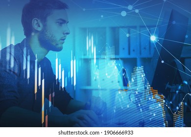 Business Man Or Stock Trader Analyzing Stock Graph Chart By Fibonacci Indicator, Side View Businessman Using Pc To Buy Or Sell Stock, Double Exposure Graph, Internet Trading