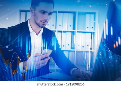 Business Man Or Stock Trader Analyzing Stock Graph Chart By Fibonacci Indicator, Side View Businessman Using Pc To Buy Or Sell Shares, Double Exposure Graph, Internet Trading