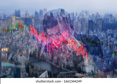 Business Man Stress From Corona Virus Covid Pandemic Outbreak News Topic. He Paranoid World Of Economy Finance Stock Graph And Marketing. City Background.