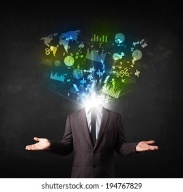 Business man in suit with graph and charts exploding from his body concept - Shutterstock ID 194767829
